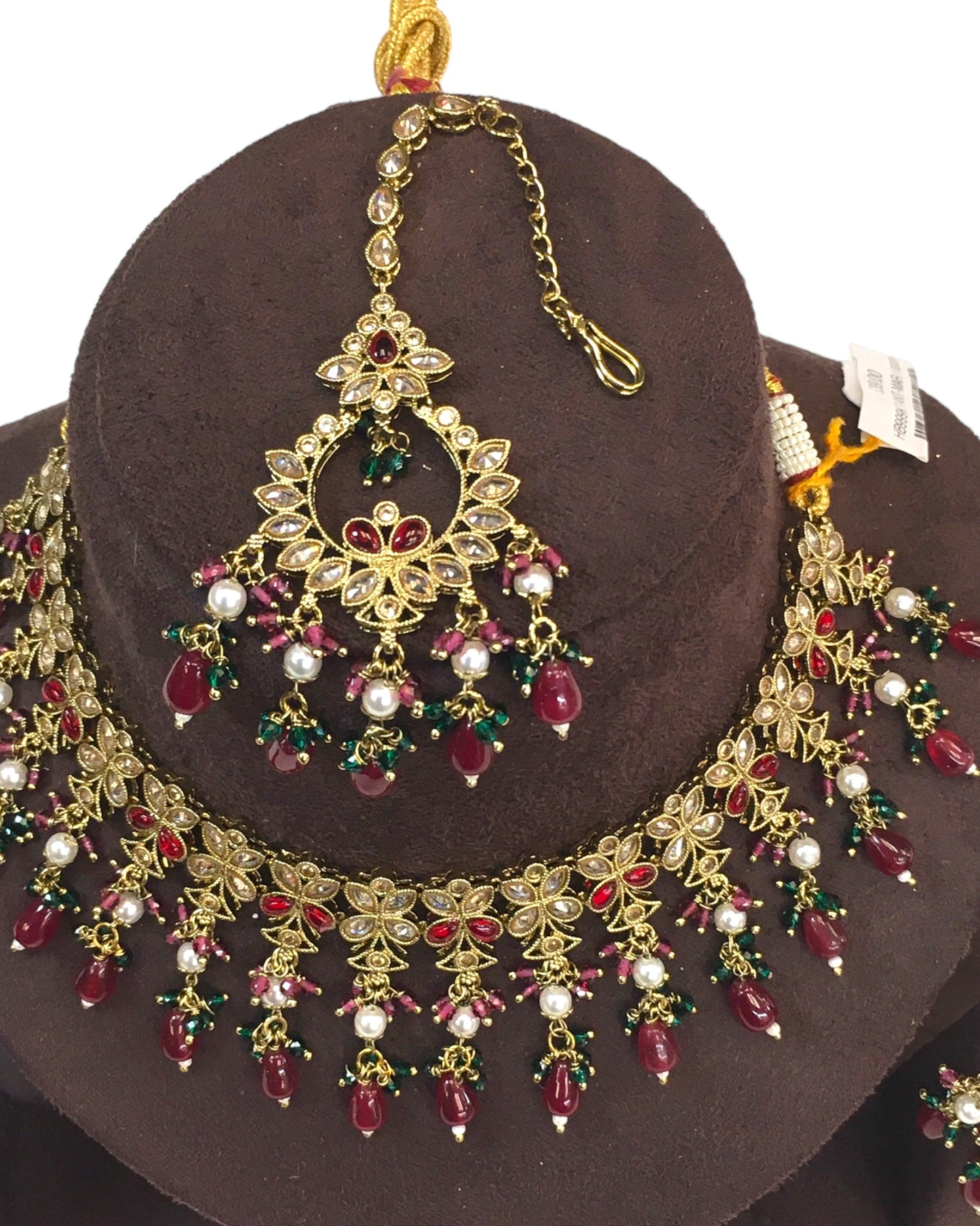 Maroon - Large Size Antique Gold Finish Necklace Set with Earrings - HB999 KT 0424