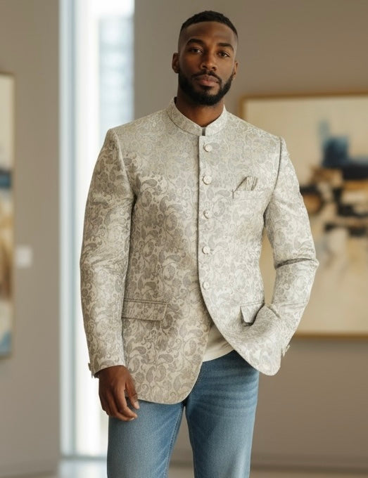 Cream - PREMIUM Slim Fit Mens Contrast Brocade BandhGala / Prince / Chinese Collar Jacket - Fantastic Fit - VNS-JOD7910/1 10VC25