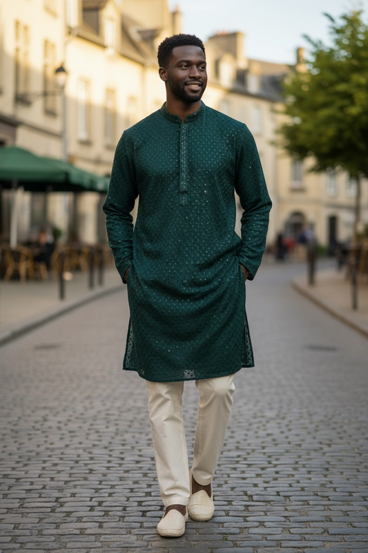 Teal / Rama Green - Rich Sequins Lucknowi Chiffon Mens Indian Kurta Set with Smart Pants - Weddings / Walimas , Sangeet, Eid, Mehndi / Henna - YD2501 KC 0225