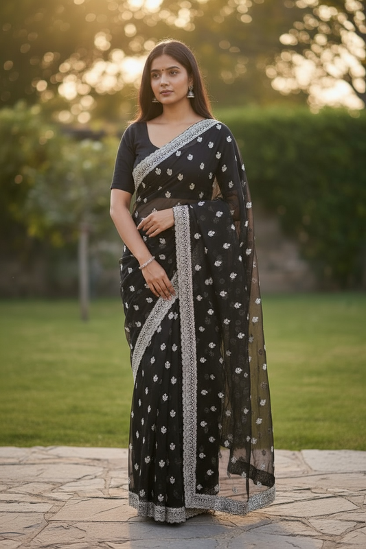 Black - Chiffon - Party Wear Embroidered Saree with Blouse Piece - SP2504008 VY