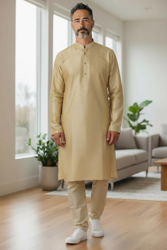 Cream / Gold - Banarasi Handloom Brocade Mens Indian Kurta set - UK Stock - Weddings / Walimas , Sangeet, Diwali, Eid, Mehndi / Henna - VEE2532 KR