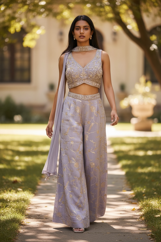 Pastel Lilac - Designer Ladies Short Top Palazzo Trousers Suit - Size 12 (38") - VMK Rohini RP