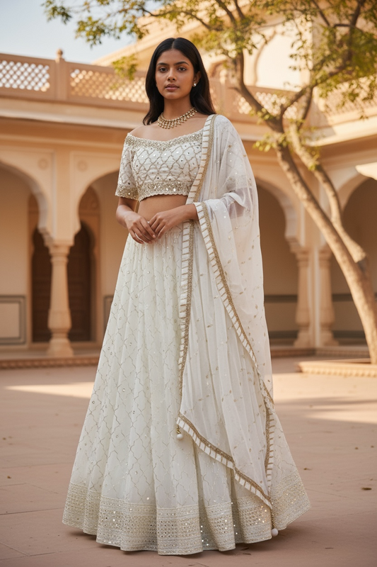 Off White / Cream Fully Embroidered Lehenga Set - Size 18 - UK Stock - 24h Dispatch - KTC2423 TT 0124