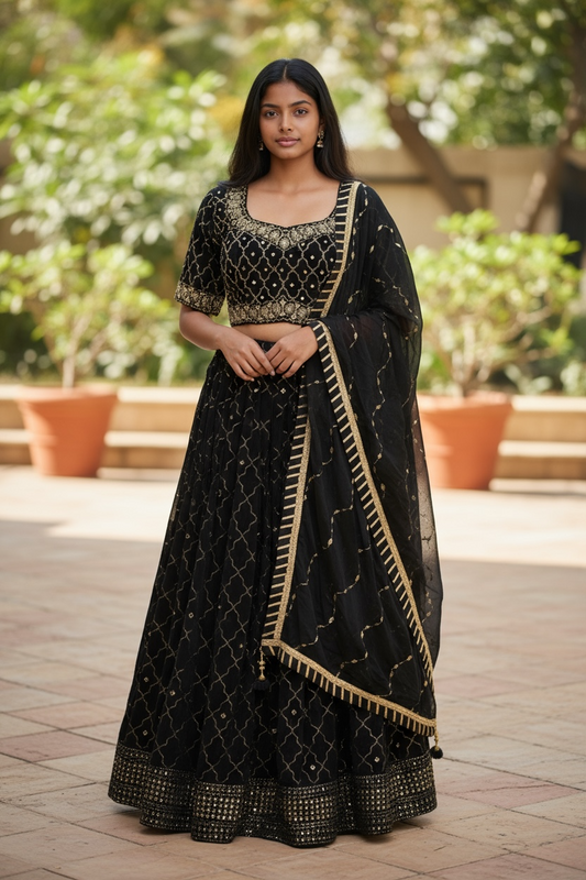 Fully Embroidered Black Lehenga Set - Size 16 & 18 (42"/44") - UK Stock - 24h Dispatch - KTC2423 TT0124