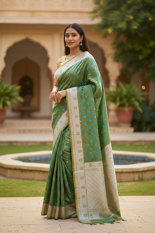 Mint Green - Traditional Handloom Banarasi Sari / Saree - with Blouse Piece - SN2405 11TP24