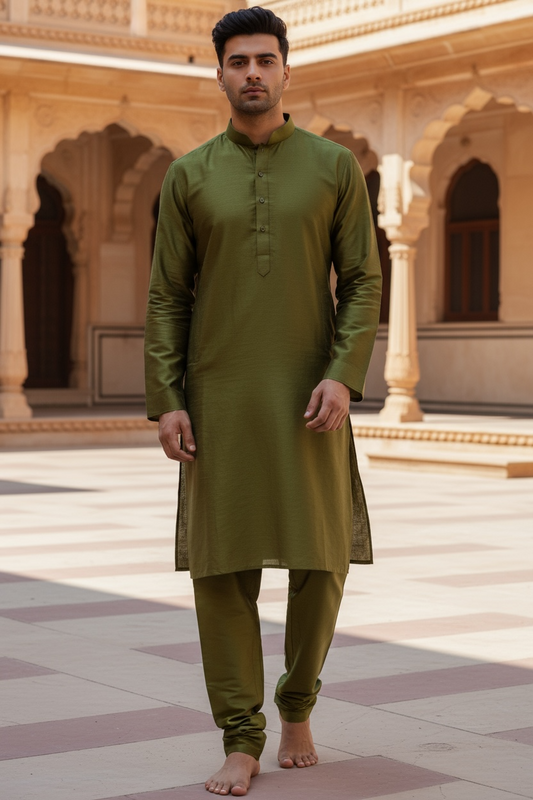 Henna Mehndi Green - Raw Silky Mens Indian Kurta set - Pair with a waistcoat or wear under Sherwanis - Weddings / Walimas , Sangeet, Mehndi / Henna , Eid / Diwali - BS2504 01KV25