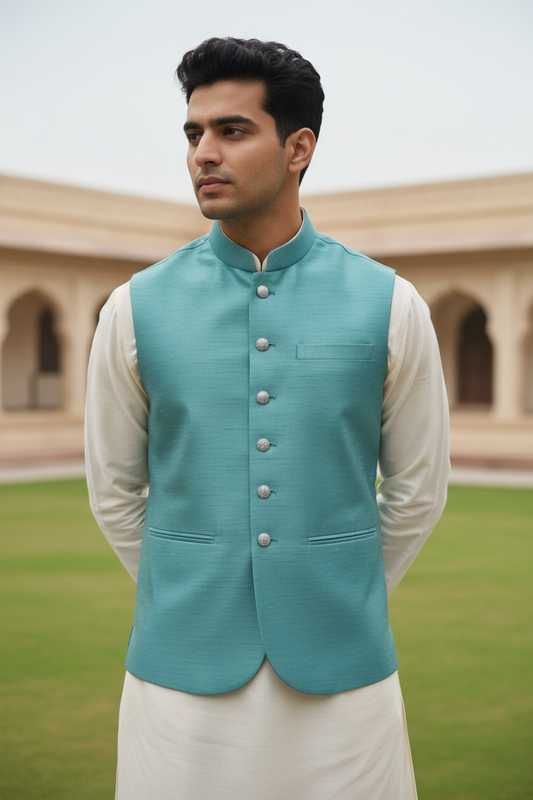 SALE! Turquoise Blue - Handloom Dupion Silk Mens Waistcoat - DL2303 KKp1023