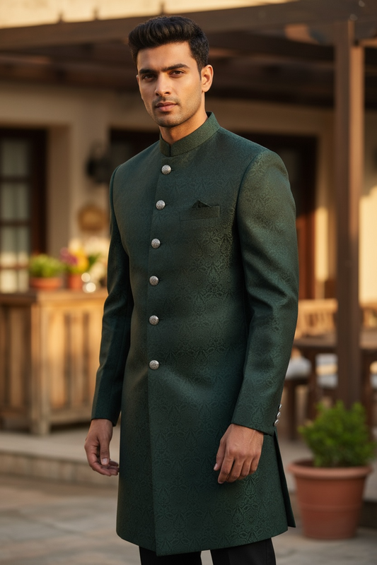 Racing Green - Classic Self Brocade Sherwani with Gold Buttons - BS786 JP 0824