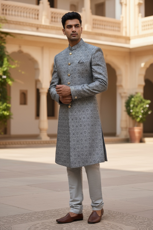 Grey - Classic Self Brocade Sherwani with Gold Buttons - BS786 JP 0823