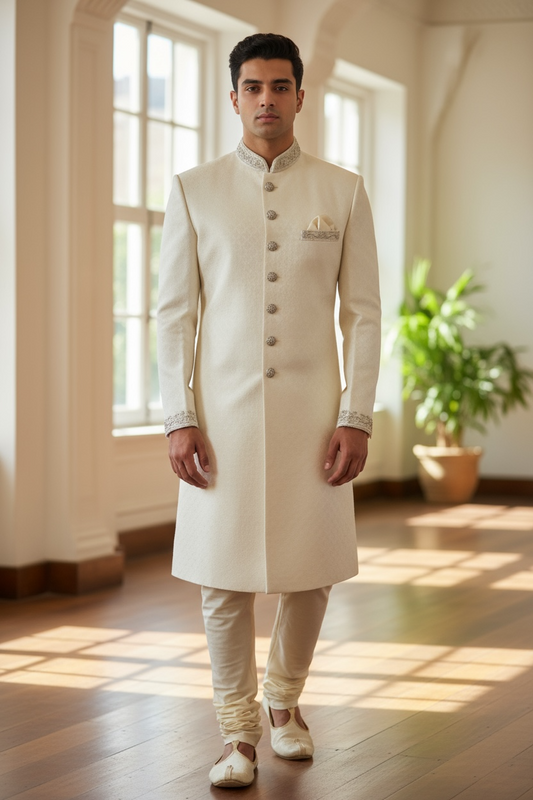 Cream - Rich Banarasi Brocade Sherwani with Zardosi Hand Embroidery - BS978 01KYV25
