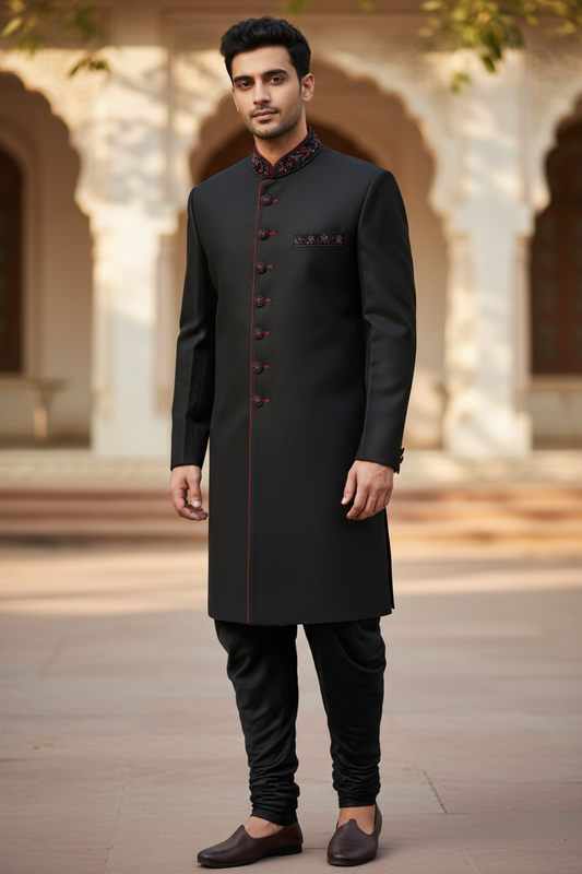 Mens Black Sherwani set - With red Churidar trousers - Bollywood Party Weddings - VFEW852 HY0819