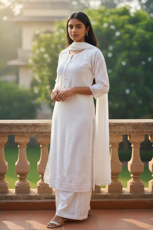 XS to XXXL - White - Cotton Ladies Salwar Kameez with Chiffon Dupatta - Elbow Length Sleeves - Funeral / Church KTC250401 KR