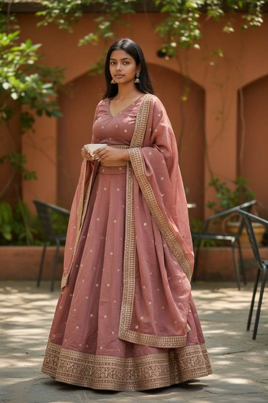 Dusty Pink - Dupion Silk Lehenga Set - Size UK 12 (38" Bust) Adjustable to Size 14 - UK Stock - 24h Dispatch - AF2507 09TA25