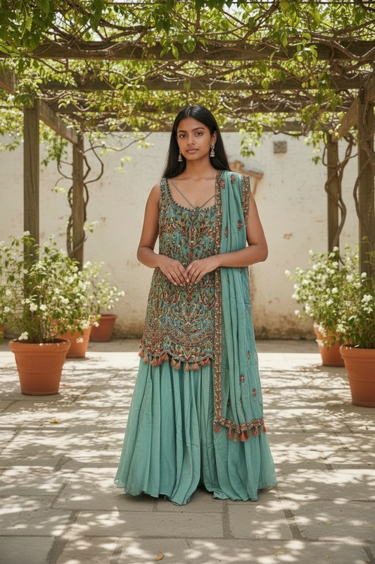 UK 18 / 44" - Sea Green - Designer Ladies Indian Medium Top Palazzo Trousers Suit - UK Stock - 2/3 days delivery - VMK NANDITA AK
