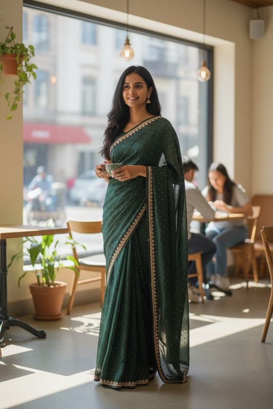 Bottle Green - Fancy Embroidered Saree with Blouse Piece - UK stock - 24hr Dispatch - SP250614 KC