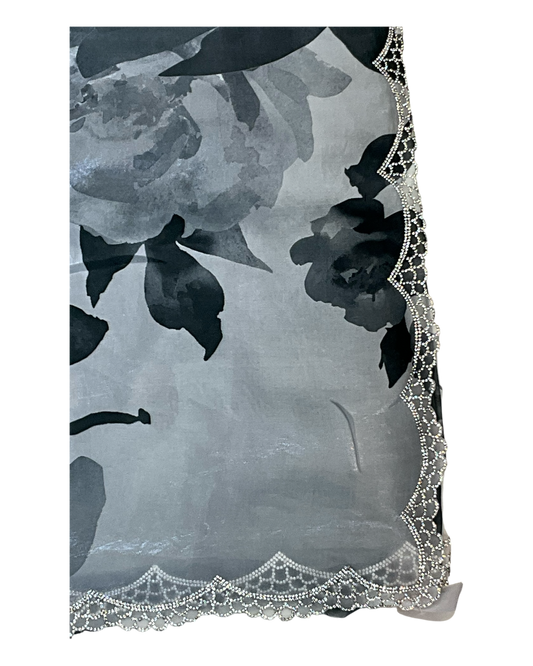 Dark Grey Floral - Classic Satin Crepe Saree with Stone Work and Blouse Piece - UK stock - 24hr Dispatch - RS2535 VR