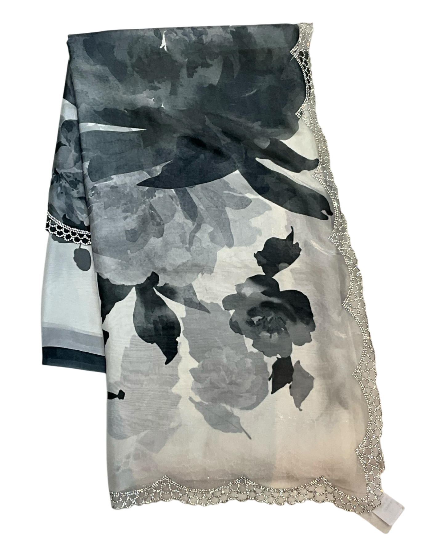 Grey Floral - Classic Satin Crepe Saree with Stone Work and Blouse Piece - UK stock - 24hr Dispatch - RS2535 VR