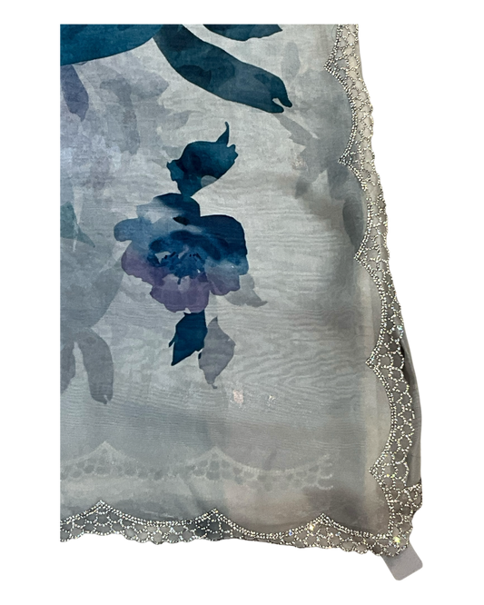 Teal Floral - Classic Satin Crepe Saree with Stone Work and Blouse Piece - UK stock - 24hr Dispatch - RS2535 VR