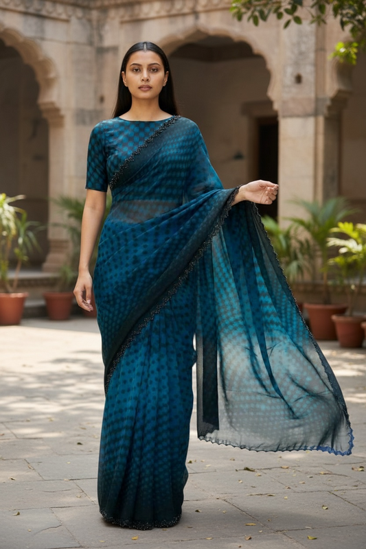 Turquoise Green - Printed Crepe Silky Saree with Blouse Piece - UK stock - 24hr Dispatch - RS2528 VR