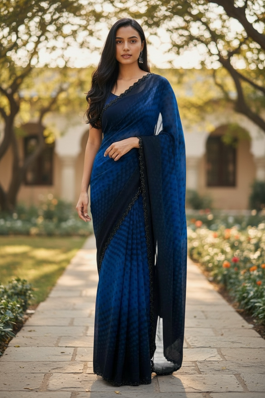 Blue - Printed Crepe Silky Saree with Blouse Piece - UK stock - 24hr Dispatch - RS2528 VR