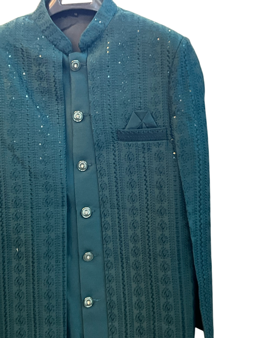 Dark Teal - Mens Knee Length Jacket with Long Waistcoat - Sherwani / Indo-Western - Fantastic Fit - KCS6625 03TT26