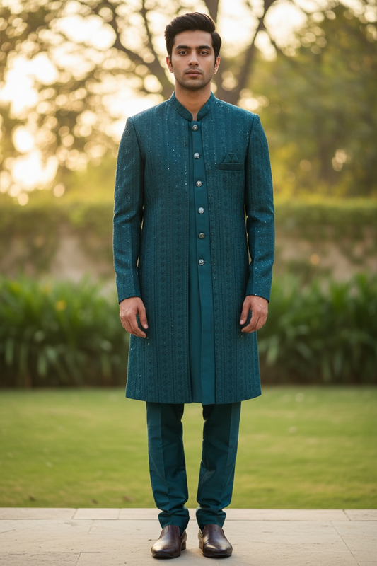 Dark Teal - Mens Knee Length Jacket with Long Waistcoat - Sherwani / Indo-Western - Fantastic Fit - KCS6625 03TT26
