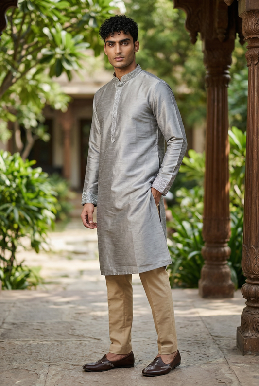 Grey - Silky - Mens Indian Kurta set - Weddings / Walimas , Sangeet, Eid, Mehndi / Henna - NAD2511 01KJ25
