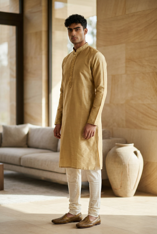 Gold - Silky - Mens Indian Kurta set - Weddings / Walimas , Sangeet, Eid, Mehndi / Henna - NAD2511 01KJ25