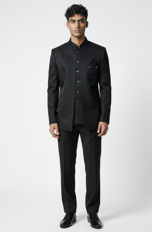 Black - PREMIUM Slim Fit Mens BandhGala / Prince / Chinese Collar Open Jacket with inside Waistcoat- Fantastic Fit - CS2511 JP 0625