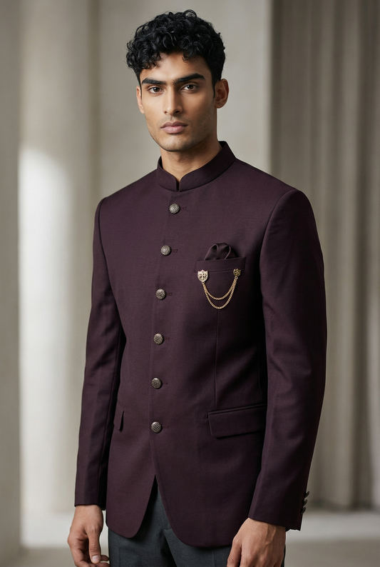 Dark Wine - PREMIUM Slim Fit Mens Self Brocade BandhGala / Prince / Chinese Collar Jacket - Fantastic Fit - CS2504 01TA25