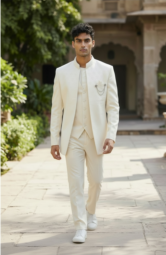 Cream / Off White - PREMIUM Slim Fit Mens Self Brocade BandhGala / Prince / Chinese Collar Jacket with Long inside Waistcoat - Fantastic Fit - CS2505 03PY25