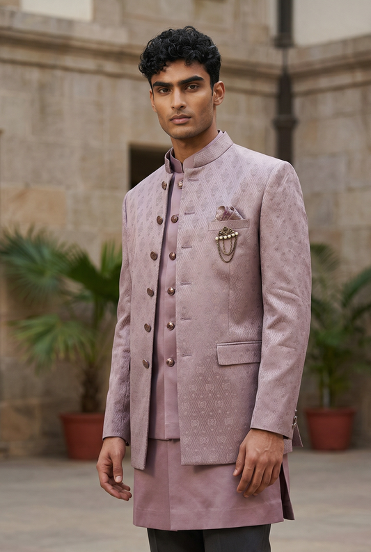 Lilac / Pink - PREMIUM Slim Fit Mens Self Brocade BandhGala / Prince / Chinese Collar Jacket with Long Waistcoat - Fantastic Fit - CS2505 01PY25
