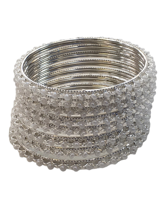 Silver / Pearl - Set of 8 Stone Bangles - Antique Gold Finish - JAN5310 Kp 0923