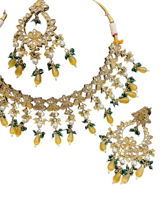 Yellow - Large Size Antique Gold Finish Necklace Set with Earrings - HB999 KT 0424