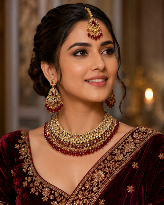 Red / Maroon - Large Size Antique Gold Finish Necklace Set with Earrings & Head Piece - JIG82 04KV26