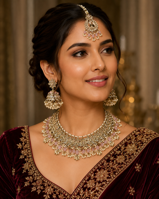 Pink - Large Size Antique Gold Finish Necklace Set with Earrings & Tika Head piece - GGA07 KT 0525