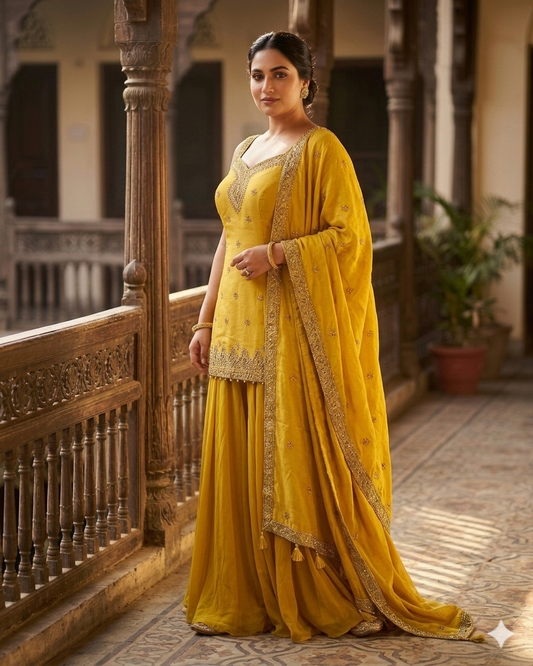 Size 18 (44") - Haldi Yellow - Designer Ladies Medium Length Sleeveless Top Palazzo Trousers Suit - VMK Varuna RA