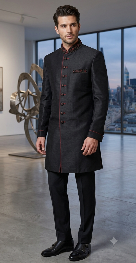 40" SALE ! - Mens Black Sherwani set - With Black trousers - Bollywood Party Weddings - VFEW852 HY0819