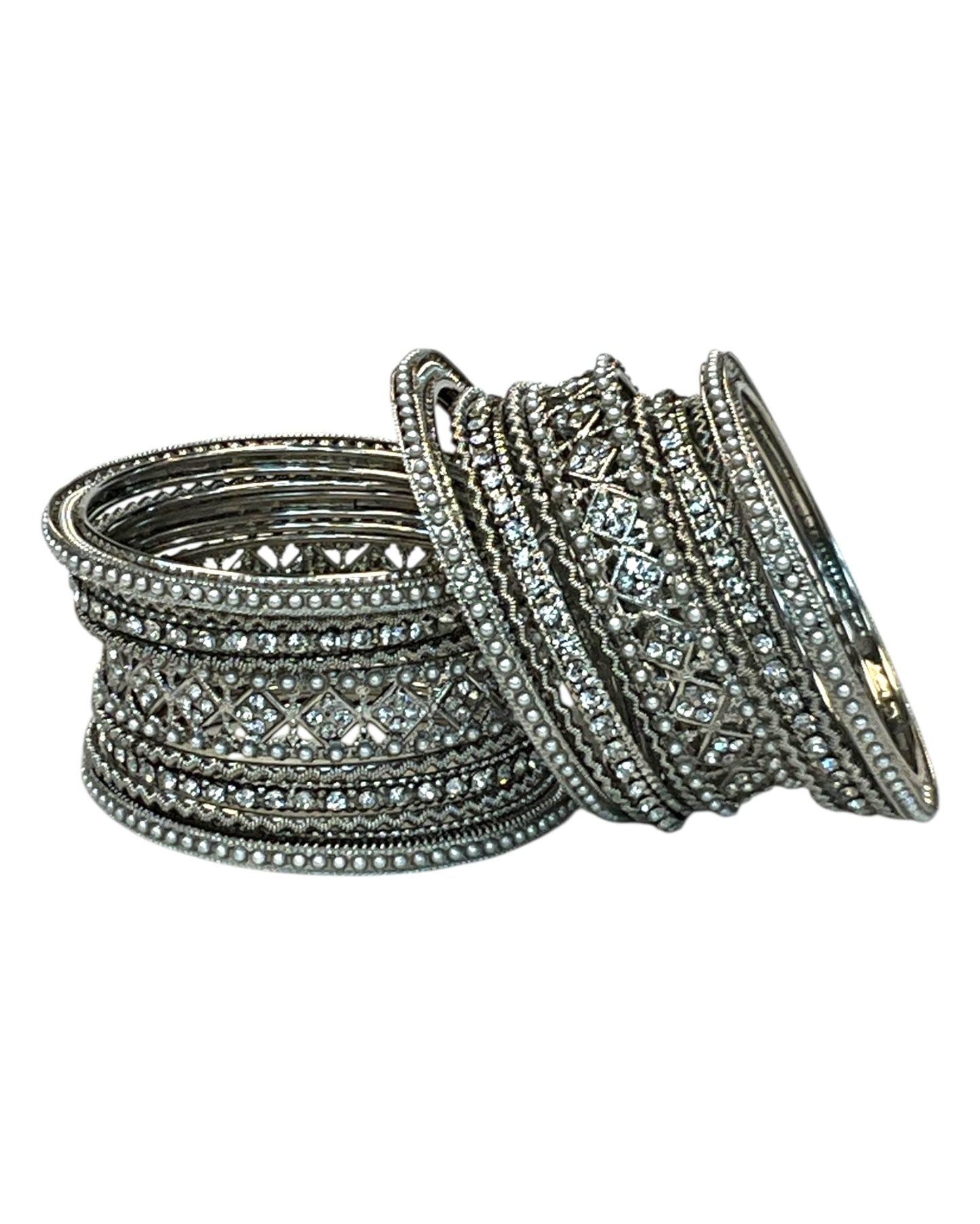 Clear White Stone and Pearl - Silver Finish Bangles Set (Set of 18) - UK stock - SM, M, L, XL JAN2611 05P25