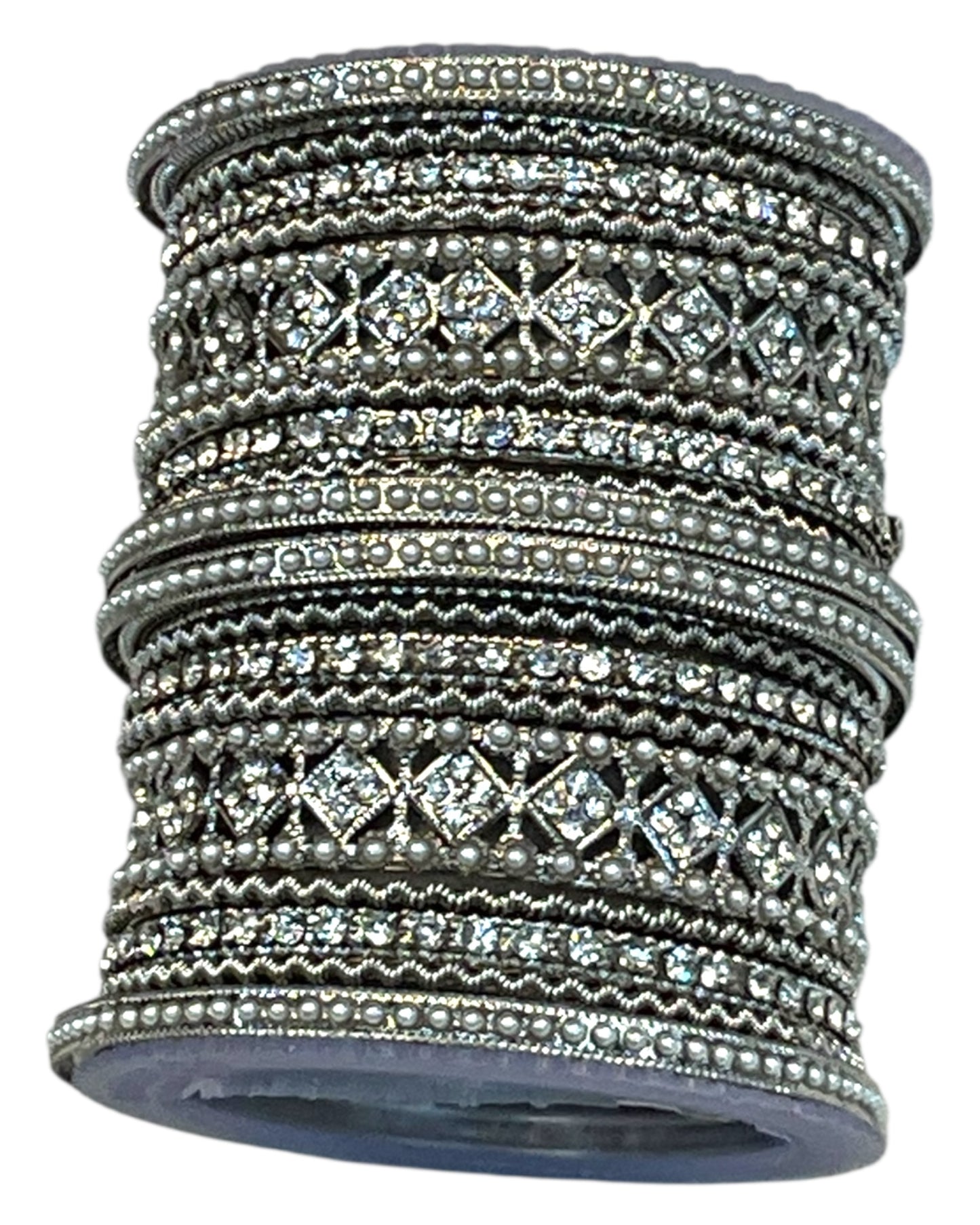Clear White Stone and Pearl - Silver Finish Bangles Set (Set of 18) - UK stock - SM, M, L, XL JAN2611 05P25