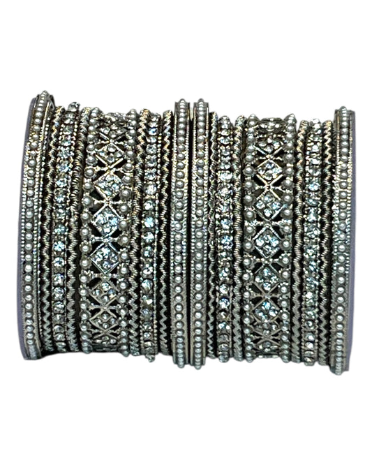 Clear White Stone and Pearl - Silver Finish Bangles Set (Set of 18) - UK stock - SM, M, L, XL JAN2611 05P25