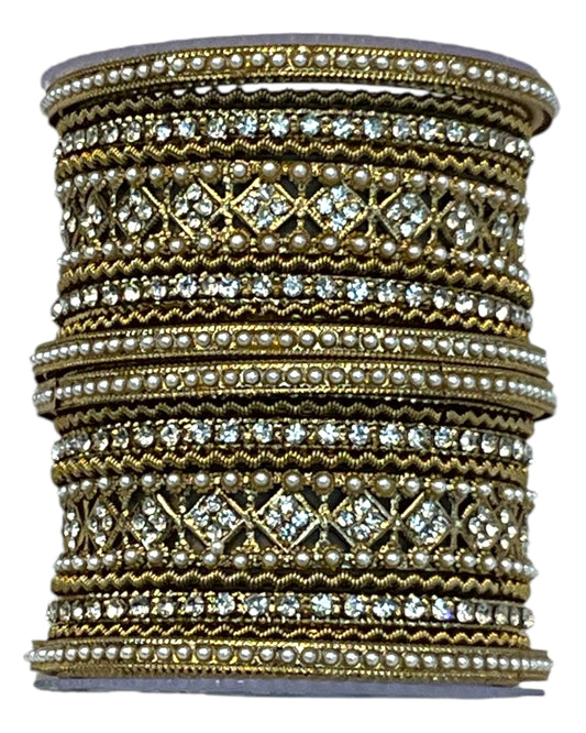 Clear White Stone and Pearl - Antique Gold Finish Bangles Set (Set of 18) - UK stock - SM, M, L, XL JAN2611 05P25