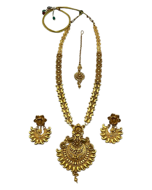 Gold Finish Temple - Large Size Antique Gold Finish Long Necklace Set with Earrings - AE2511 KR 0525
