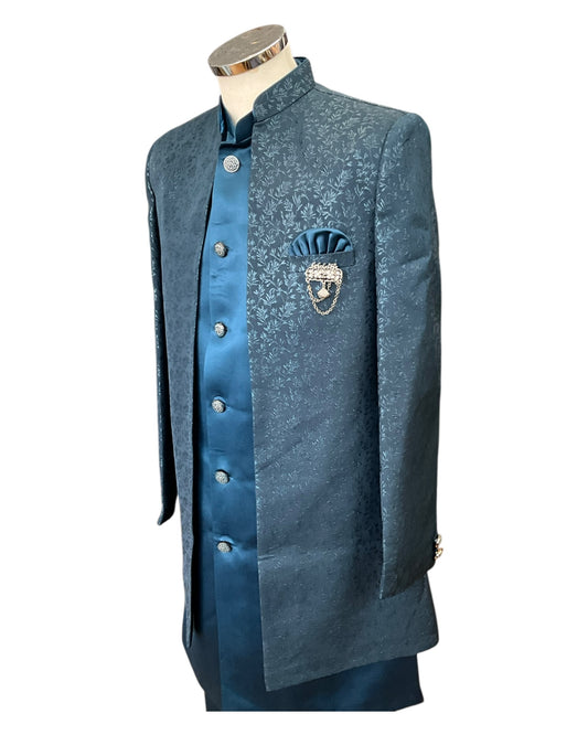 Teal - PREMIUM Mens Knee Length Jacket with Long Waistcoat - Sherwani / Indo Western - Fantastic Fit - KCS6613 05RY25
