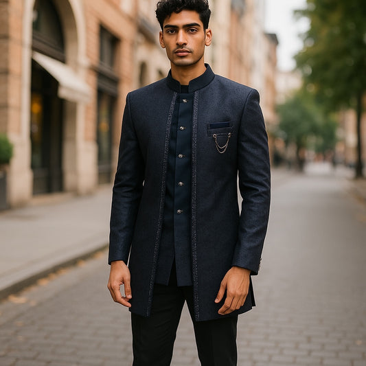 Navy Blue - PREMIUM Slim Fit Mens BandhGala / Prince / Chinese Collar Open Jacket with inside Waistcoat- Fantastic Fit - CS2508 PP 0325