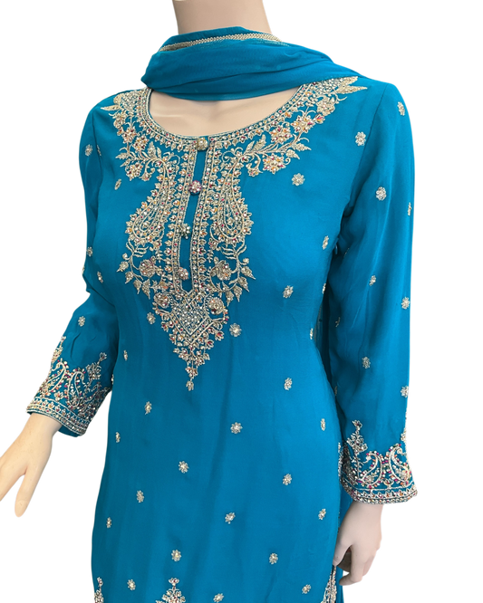UK 12 / 38" - Turquoise Blue - Designer Ladies Sharara / Palazzo Trousers Suit - UK Stock - Sangeet / Henna / Weddings - SC1639 09RP25