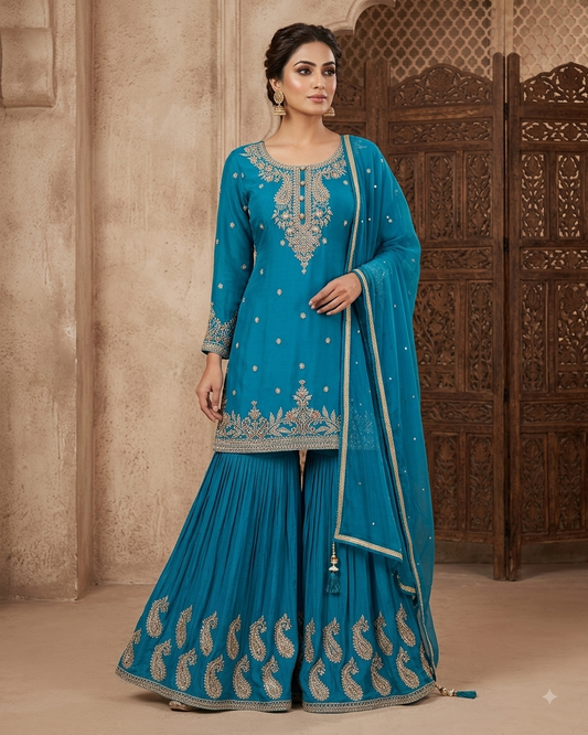 UK 12 / 38" - Turquoise Blue - Designer Ladies Sharara / Palazzo Trousers Suit - UK Stock - Sangeet / Henna / Weddings - SC1639 09RP25