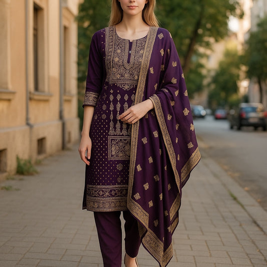 Purple - Ladies Indian Trousers Suit with Printed Dupatta - Size 12 (38") - KCS250194 VA