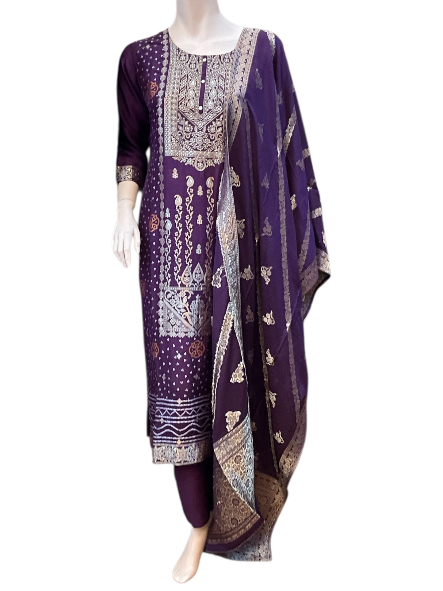 Purple - Ladies Indian Trousers Suit with Printed Dupatta - Size 12 (38") - KCS250194 VA
