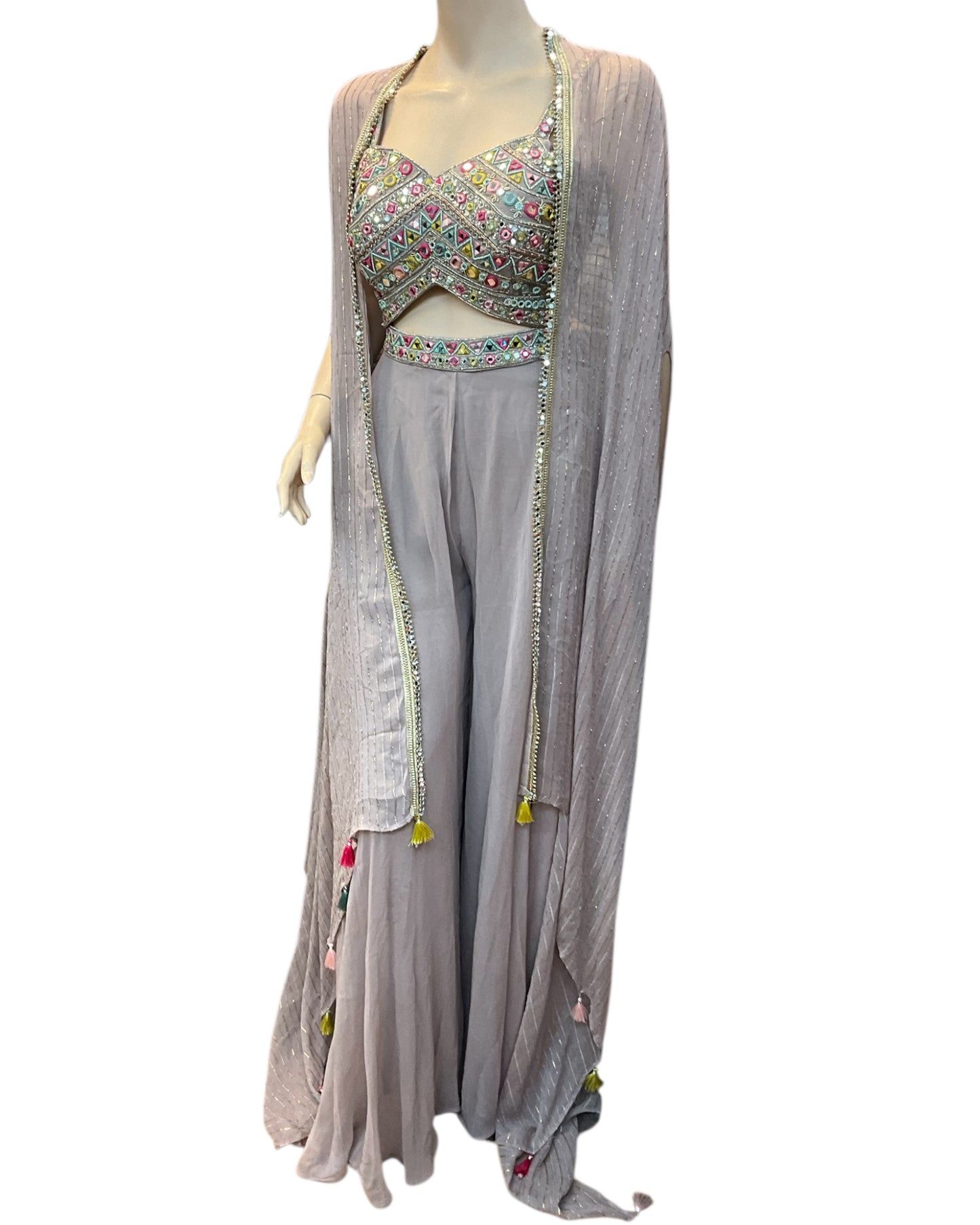 Dusty Pink - Designer Ladies Short Top Palazzo Trousers Suit with Long Shrug - Size 12 (38") - VMK BAJAJ AT